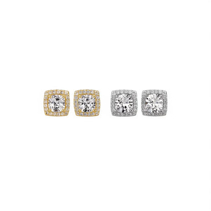 Classic Geometric Square Stud Earrings with Round Zircon Inlay Gold Plated Zinc Alloy Unisex Jewelry Gift Women Men