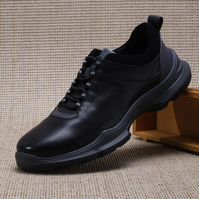 Men's Round Toe Genuine Cow Leather Lace-up Walking Shoes Lightweight Solid Color Rubber Outsole Casual Style