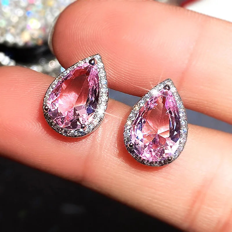 E1301 Pink Pear Cut Stud Earrings With Pink Gemstone Bezel Setting For Women Romantic Party Fashion Jewelry