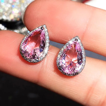 E1301 Pink Pear Cut Stud Earrings With Pink Gemstone Bezel Setting For Women Romantic Party Fashion Jewelry
