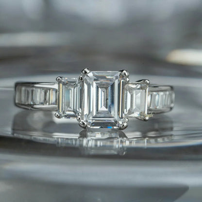 Platinum Emerald Cut Diamond Ring With Baguette Side Stones Natural D Color Women's Engagement Ring F859