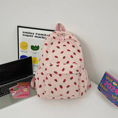 New Arrival  Strawberry Print Corduroy Travel Backpack Multifunction Custom Cute Girls Casual College School Backpacks