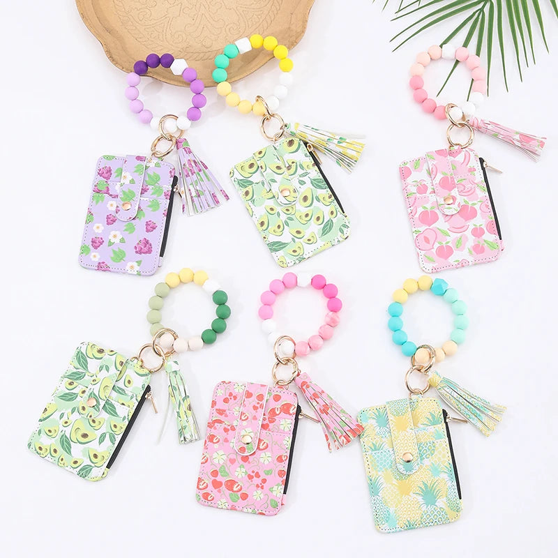 2025 New Fruit  Pattern Leather  Bracelet Fringe Key Chin Card Bag Document Wrist Portable Keychain  Zipper Card Holder Wallet