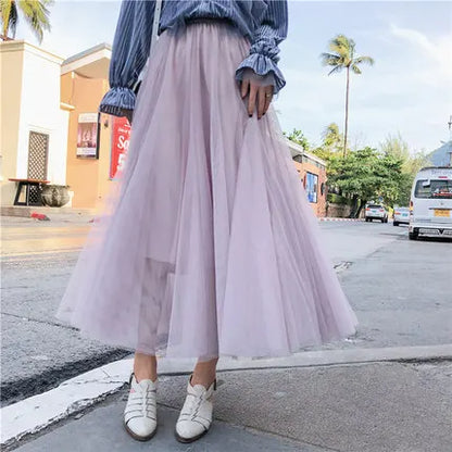 TingYiLi Elegant Tulle Skirt Autumn Winter Big Swing Women Skirt Korean Cute Pink Green Gray Blue Brown Black Long Skirt Tutu