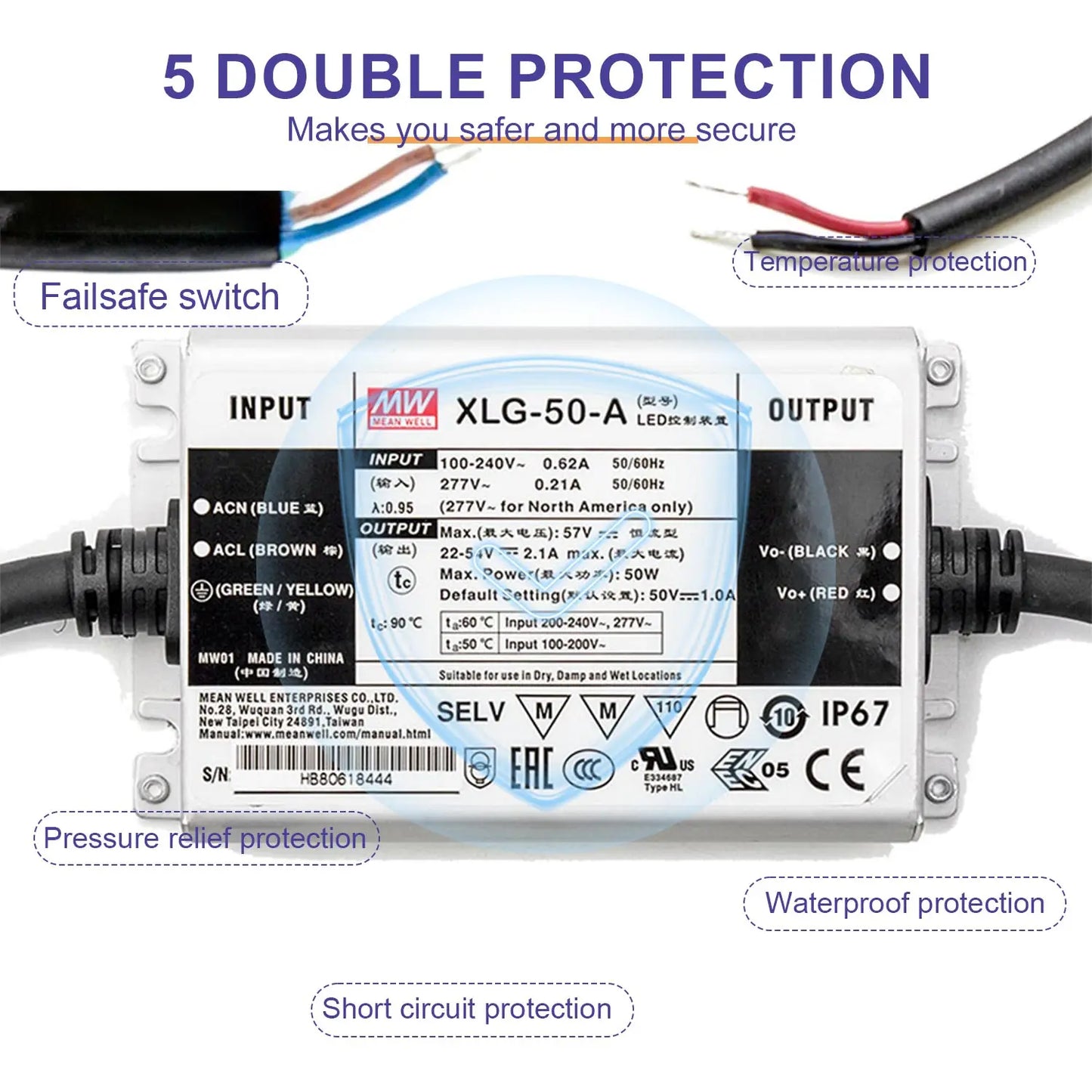 Mean Well XLG-50-A 50W IP67 Waterproof Power Supply Constant Power LED Driver for Outdoor Lighting and Signage