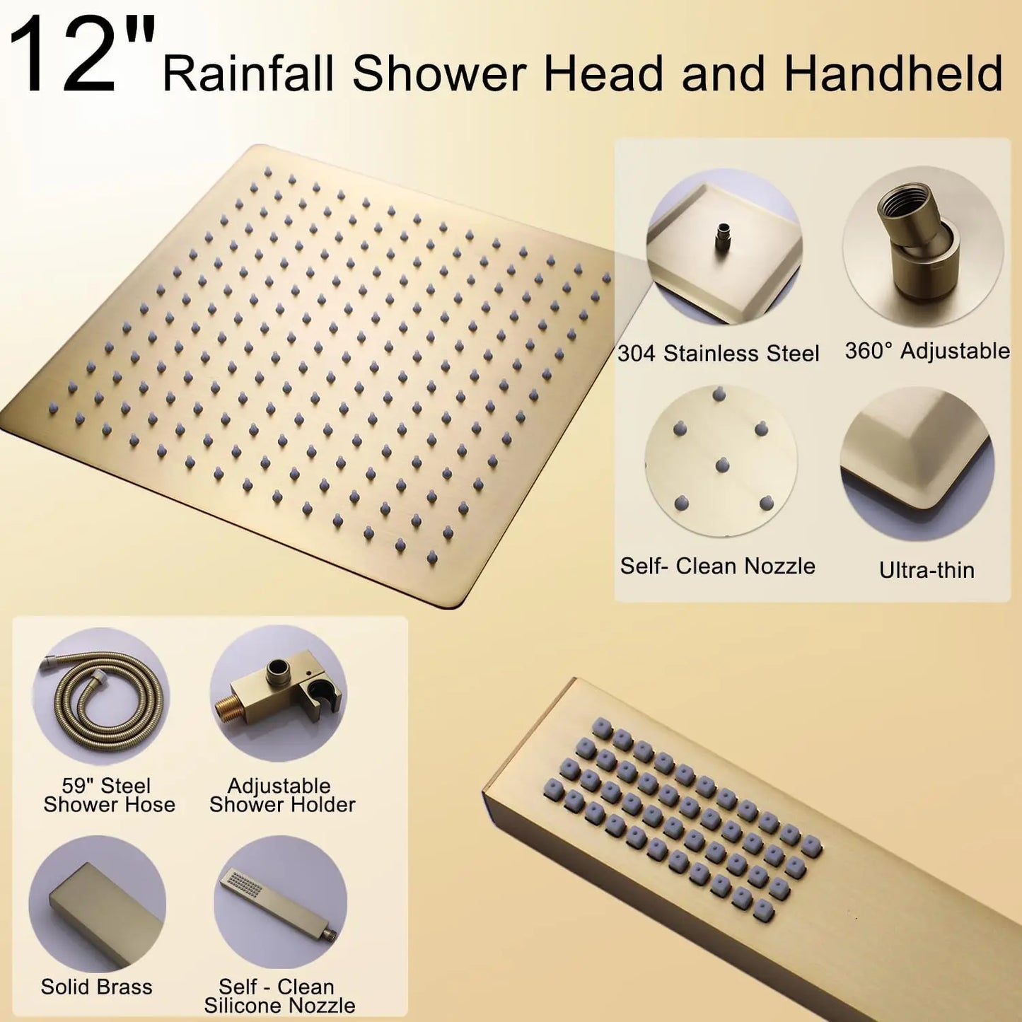 HONGDEC 3 Function  Rainfall Shower System Brushed Gold Bathroom Shower System Bathroom Shower Set