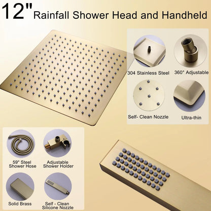 HONGDEC 3 Function  Rainfall Shower System Brushed Gold Bathroom Shower System Bathroom Shower Set