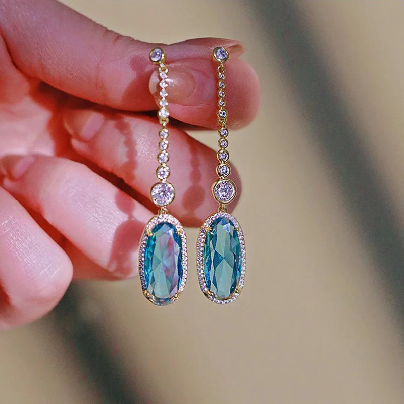 Aurea Nicole White Gold Drop Earrings With Blue Topaz And Diamond Bezel Setting For Women Wedding Luxury Jewelry