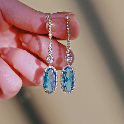 Aurea Nicole White Gold Drop Earrings With Blue Topaz And Diamond Bezel Setting For Women Wedding Luxury Jewelry