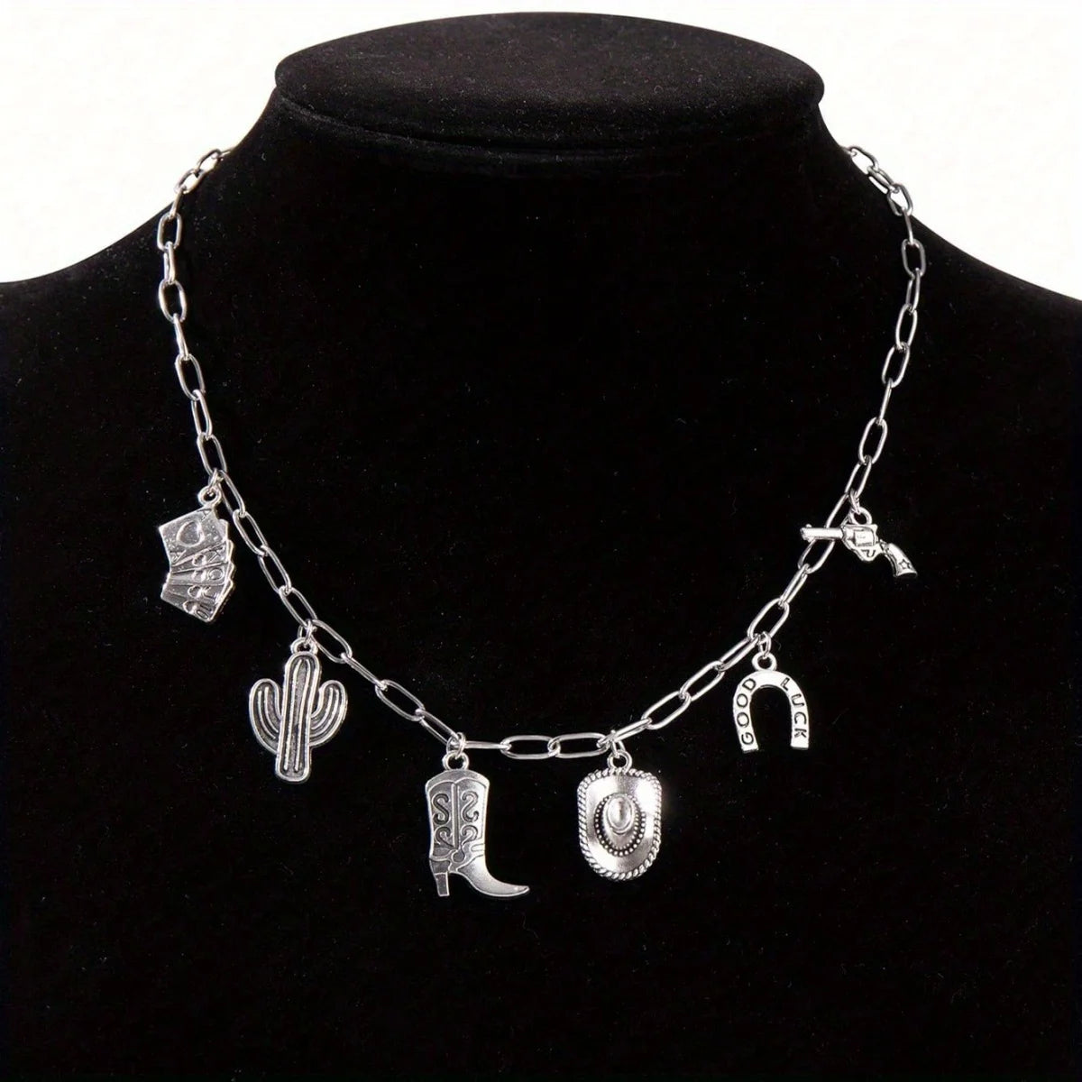 1 Stylish Vintage Western Cowboy Stainless Steel Necklace Rope Chain-Women's Party Jewelry Featuring Cowboy Boots Gun Pendant