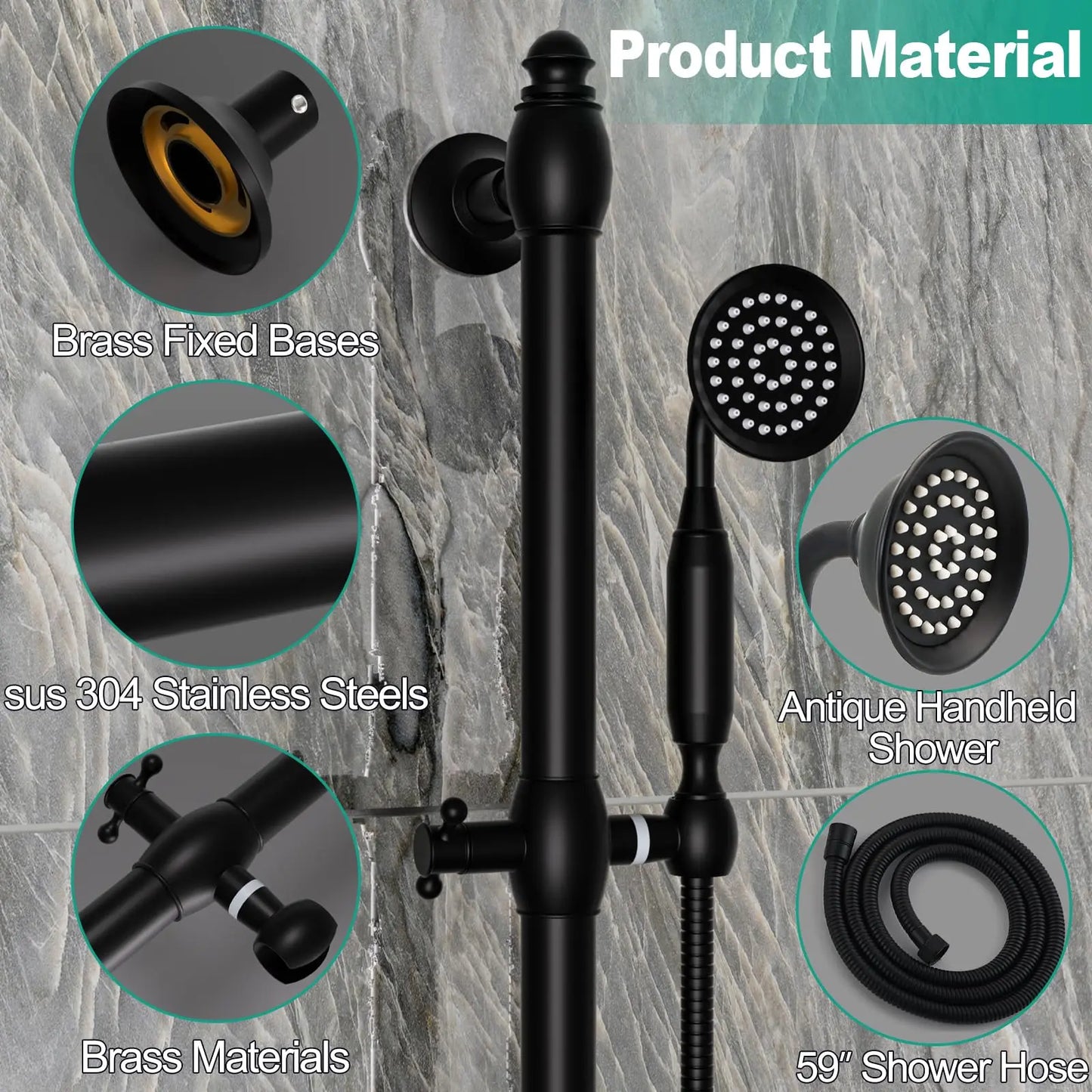 Brass Contemporary Shower Slide Bar Handheld Shower Head Adjustable Height Wall-Mounted 59-Inch Hose Rainfall Waterfall Spray