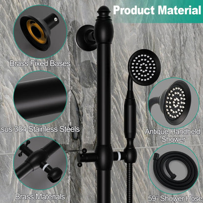 Brass Contemporary Shower Slide Bar Handheld Shower Head Adjustable Height Wall-Mounted 59-Inch Hose Rainfall Waterfall Spray