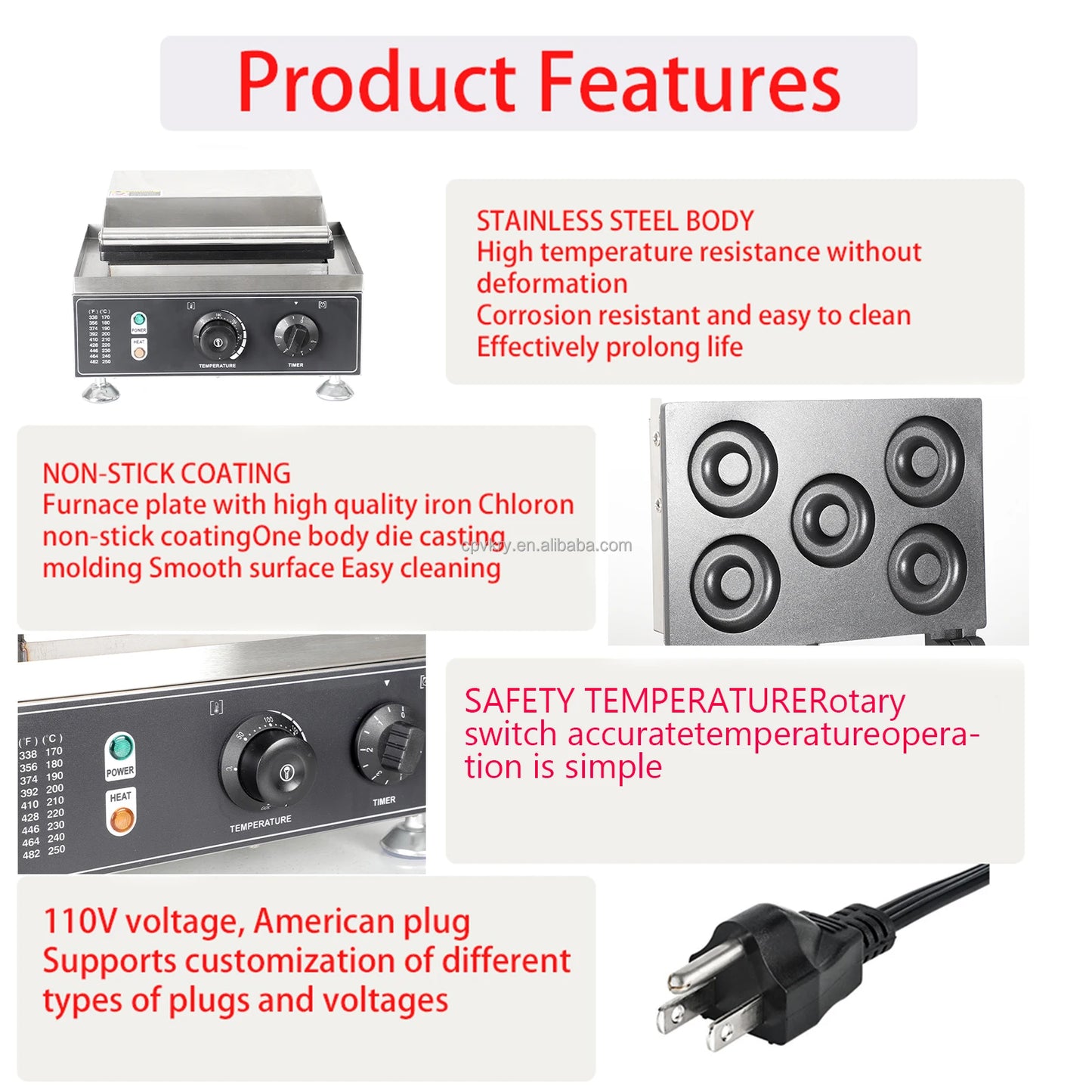 Commercial Electric Double-Sided Waffle & Donut Maker 5-Hole Non-Stick Surface Temperature Range 122-572℉ for Holiday Inn