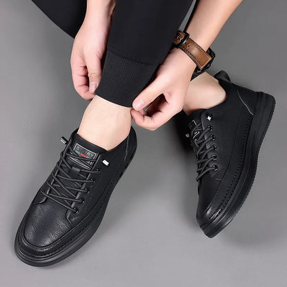 Men's Genuine Leather Lace-up Chunky Shoes Round Toe Plush Lining Breathable Rubber Outsole Spring Casual Sneakers