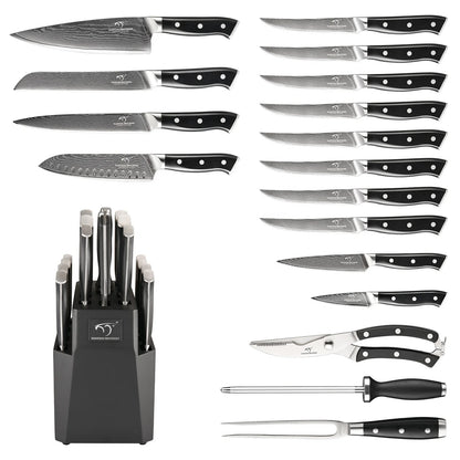 18 Pieces Damascus Steel VG10 Kitchen Tool Kitchen Knives Knife Set with Black Wooden Block with ABS Handle