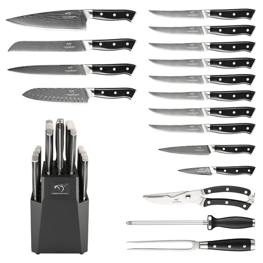 18 Pieces Damascus Steel VG10 Kitchen Tool Kitchen Knives Knife Set with Black Wooden Block with ABS Handle