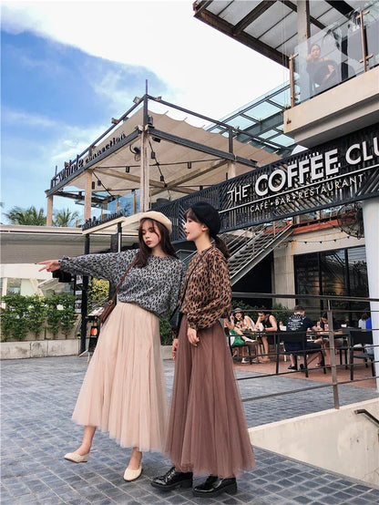 TingYiLi Elegant Tulle Skirt Autumn Winter Big Swing Women Skirt Korean Cute Pink Green Gray Blue Brown Black Long Skirt Tutu