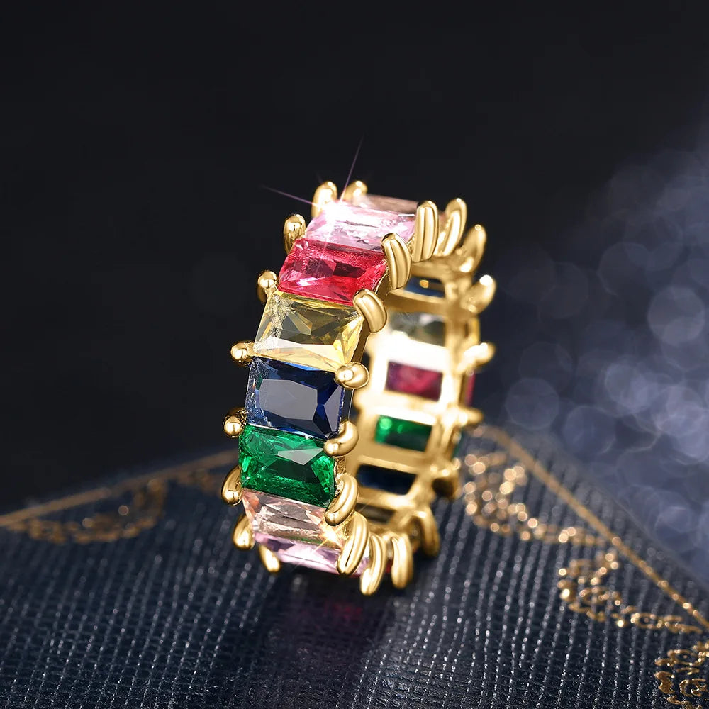 T0444 Geometric Gemstone Ring Cubic Zirconia Emerald Cut Prong Setting Unisex Party Fashion Rings