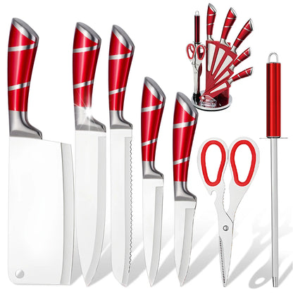 9Pcs Professional Chef Knife with Rotatable Block,Non Stick Sharp Stainless Steel Kitchen Knife Set with Sharpener for Home Cook
