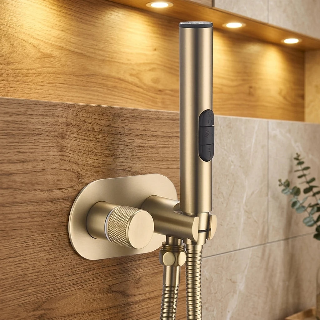 Brushed Gold Uncoated Brass Handheld Bidet Sprayer Set  Wall Mount Toilet Washer with Adapter Bathroom Use