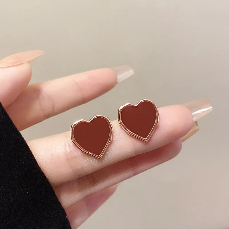 Rose Gold Plated Heart Stud Earrings For Women Alloy Fashion Jewelry Gift Red Color