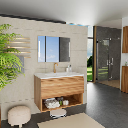 30 Inch Bathroom Vanity Cabinet With Ceramic Sink - Walnut Wall Mounted Floating Fluted Vanity With Drawers, Modern