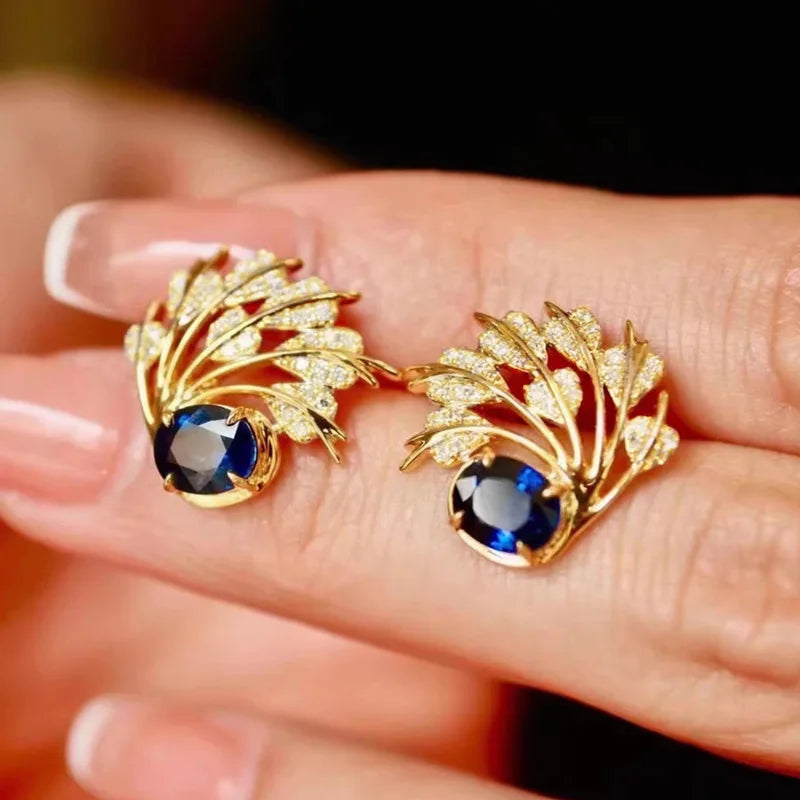 E4723 Golden Stud Earrings With Sapphire And Diamond Plant Design For Women Party Jewelry Classic Style