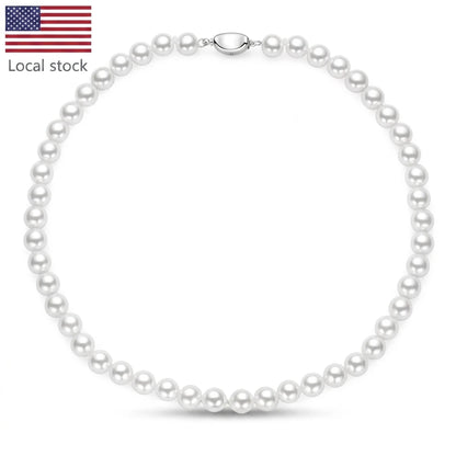 Fast Shipping From US Warehouse Bohemian Stylish 925 Silver 6mm/8mm Shell White Pearl Beads Necklace Jewelry for Women Gift