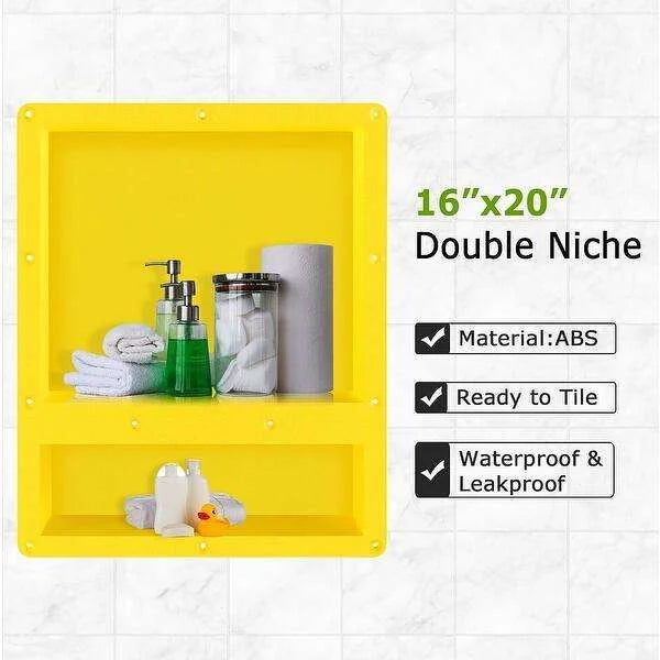 Modern Home Hotel Bathroom 16"x20" OEM Custom ABS Waterproof Recessed Double Compartment Tile-in Shower Storage Niche