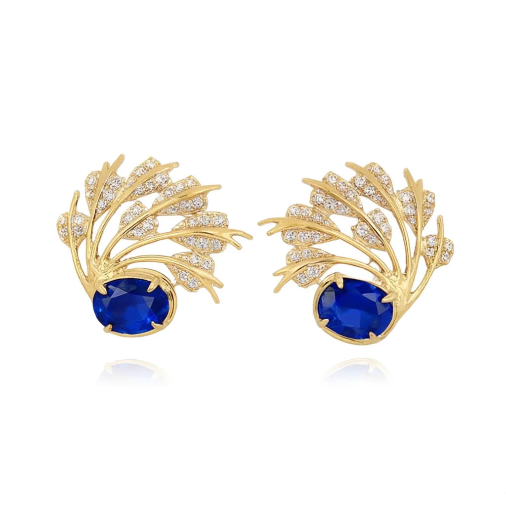 E4723 Golden Stud Earrings With Sapphire And Diamond Plant Design For Women Party Jewelry Classic Style