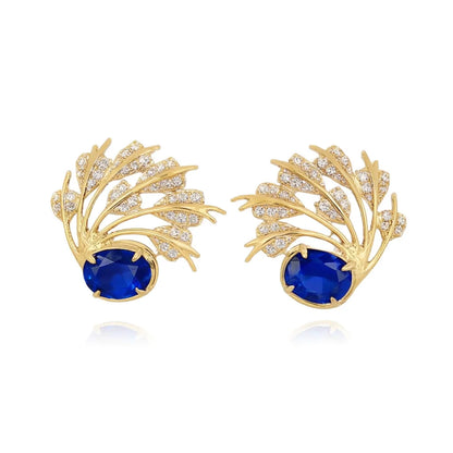 E4723 Golden Stud Earrings With Sapphire And Diamond Plant Design For Women Party Jewelry Classic Style