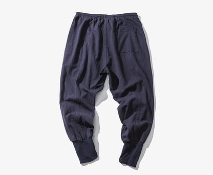 Cotton Linen Harem Pants Men Solid Elastic Waist Streetwear Joggers New Baggy Drop-crotch Pants Casual Trousers Men