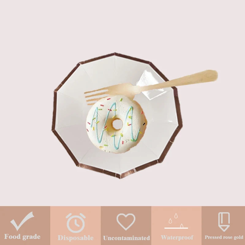 Eco-friendly Decagon Paper Plates Couples Birthday Party Food Safe Rose Gold Foil Trim Edge White Dinner Tableware Supplies