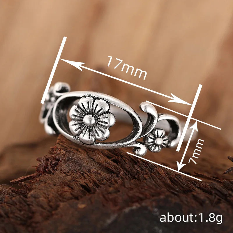 T0278 Flower Pattern Alloy Ring Antique Silver Plated Unisex Fashion Gift for Women & Men