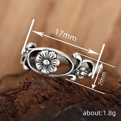 T0278 Flower Pattern Alloy Ring Antique Silver Plated Unisex Fashion Gift for Women & Men