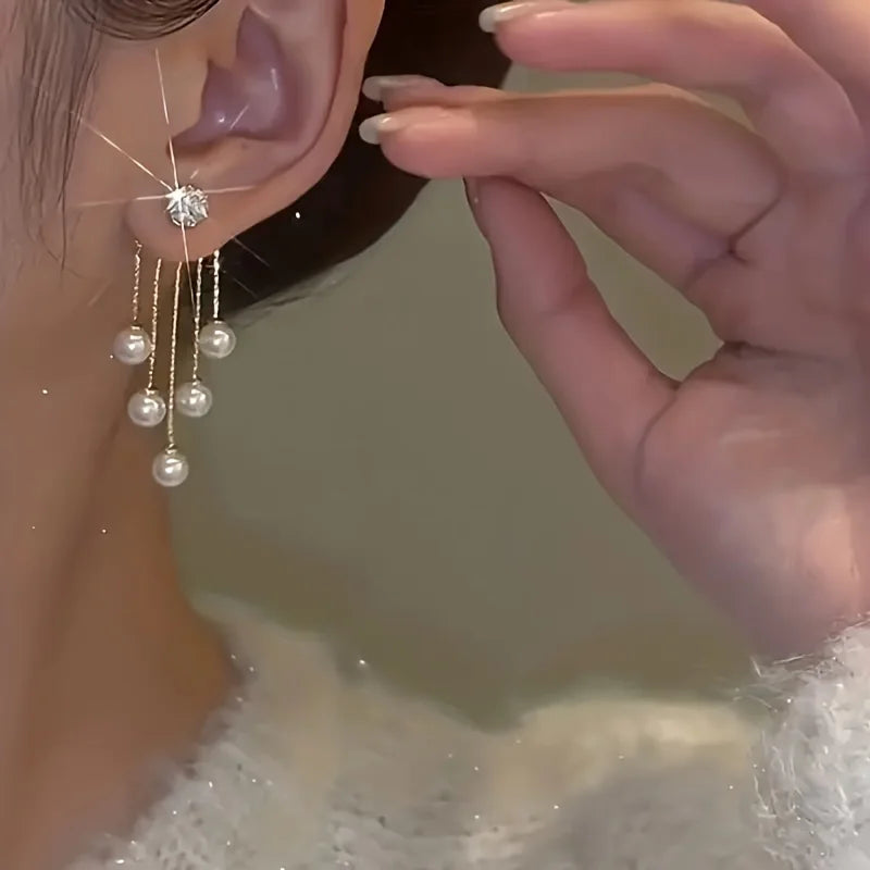 1 Pair Elegant Long Tassel Earrings for Women, Golden-Tone Alloy with Rhinestone and Accents, Dangle Earrings for Daily Wear