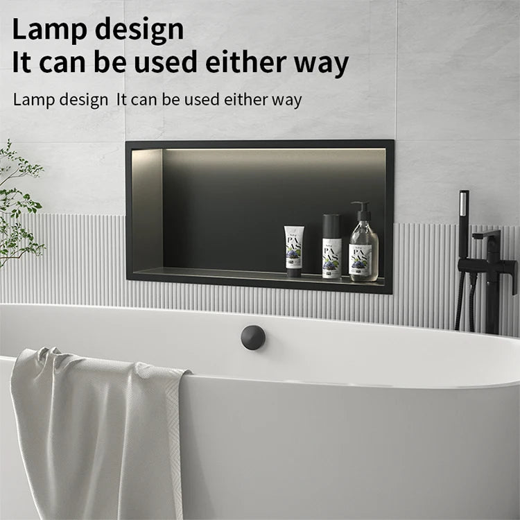 Matte Black Double Selves Stainless Steel Shower Niche No Tile Needed Bathroom Niche Recessed Wall Niche with led