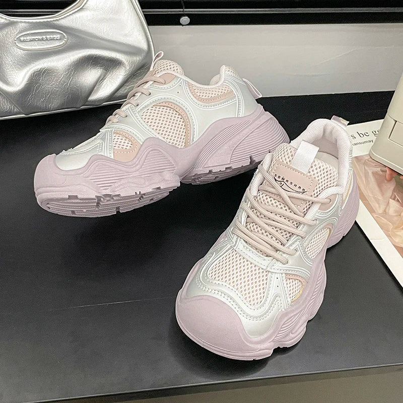 2024 Tall and Thick Soled Women's  Spring and Autumn New Mesh Breathable Explosive Sports and Leisure Shoes