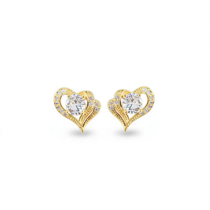 E1233 Gold Heart Stud Earrings With Round Zircon Claw Setting For Women Romantic Fashion Jewelry Gift