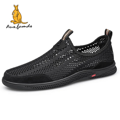 Lightweight Men's Kangaroo Logo Pigskin Leather Casual Sport Slip-On Running Shoes Breathable Soft Fabric Summer Walking Sandals