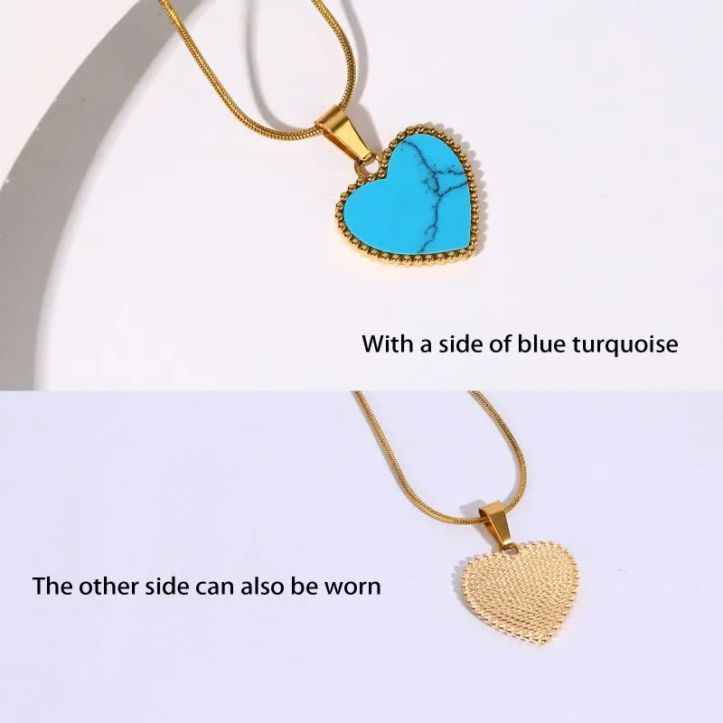 Heart Necklace for Women Synthetic Blue Turquoise Inlay Gold Color Stainless Steel Heart Pendant Necklace Gift