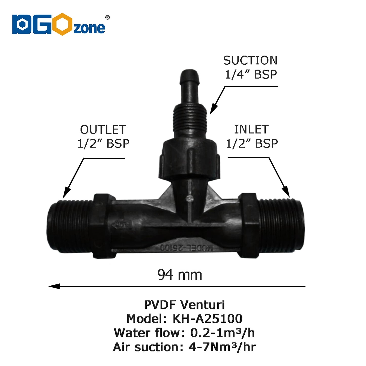 1/2in  Venturi Injector with Valve for Gas Mixer PVDF Body Ozone Proof Spa Venturi Connector KH-A25100-N DGOzone