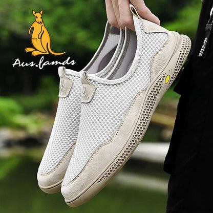 Lightweight Men's Kangaroo Logo Genuine Leather Casual Sport Slip-On Sandals Breathable Soft Fabric Summer Walking Style Shoes