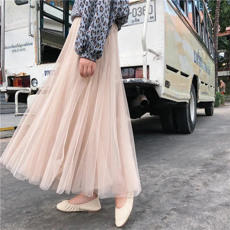TingYiLi Elegant Tulle Skirt Autumn Winter Big Swing Women Skirt Korean Cute Pink Green Gray Blue Brown Black Long Skirt Tutu