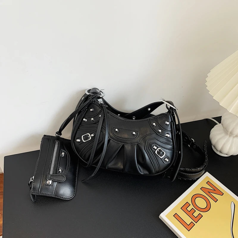 MOQ 1PC Wholesale Ladies Rivet Classic Motorcycle 2-in-1 Crescent Pleated One Shoulder Messenger Underarm Dumpling Bag