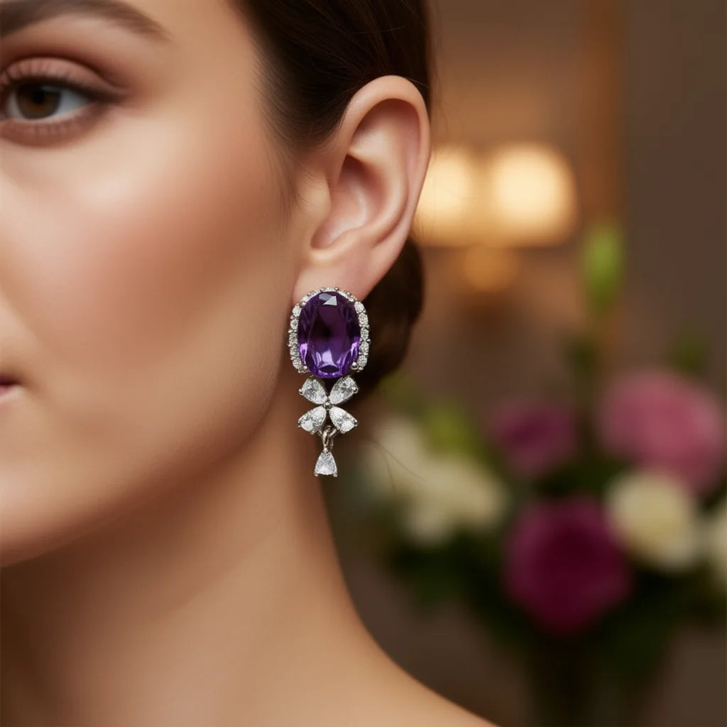 Maegestic Purple Drop Earrings with Oval Gemstone and Pear Cut Crystal Flower Design Zinc Alloy Romantic for Women Party Jewelry