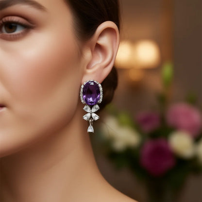 Maegestic Purple Drop Earrings with Oval Gemstone and Pear Cut Crystal Flower Design Zinc Alloy Romantic for Women Party Jewelry