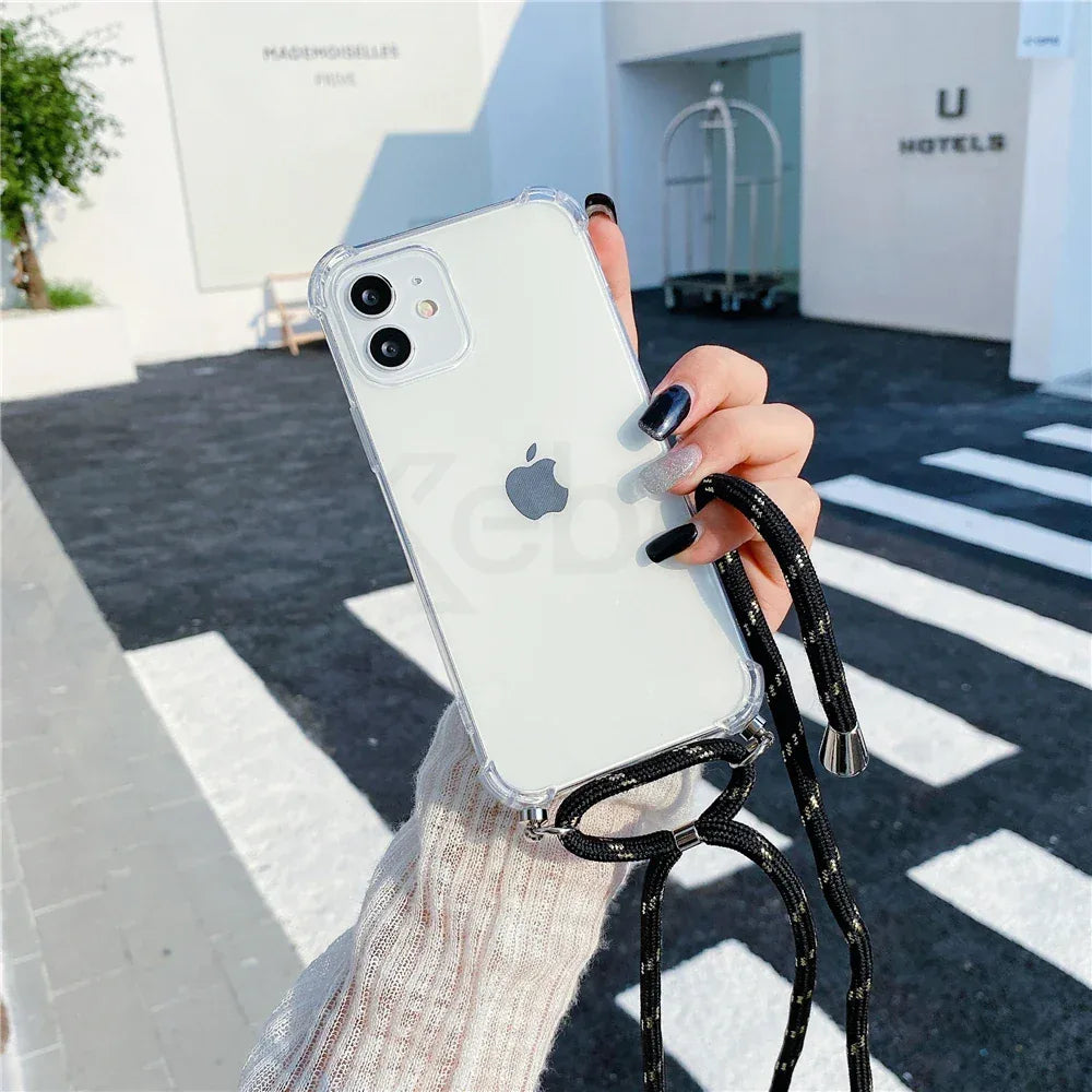 Necklace Lanyard Strap Chain Phone Case For iPhone 16 15 14 13 Pro Max 12 11 XS X XR Mini 7 8 Plus Transparent Soft Rope Cover