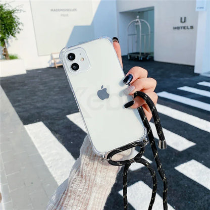 Necklace Lanyard Strap Chain Phone Case For iPhone 16 15 14 13 Pro Max 12 11 XS X XR Mini 7 8 Plus Transparent Soft Rope Cover