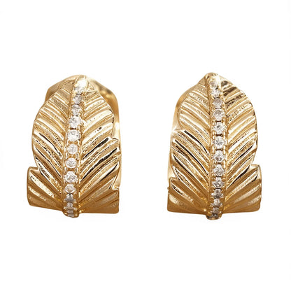 E4482 Golden Feather Stud Earrings With Round Crystal Channel Setting For Women Classic Fashion Jewelry